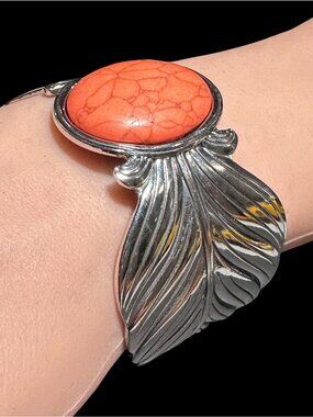 Boho Style Cuff Bracelet Silver Tone Orange Center Leaf Like Wrap Womens Jewelry